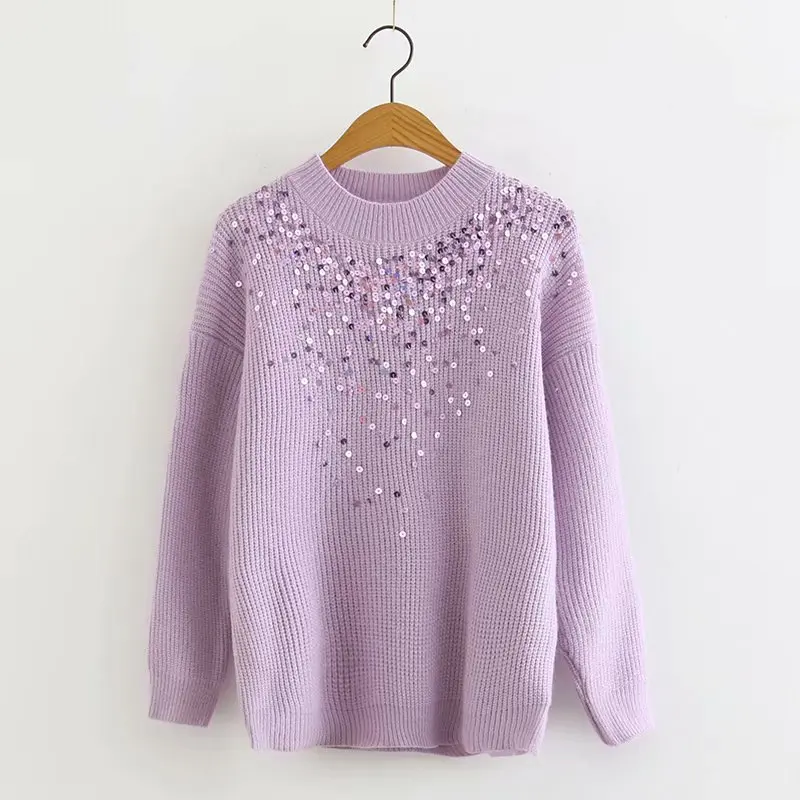 2019 зимний свитер женский элегантный фиолетовый расшитый блестками Повседневный
