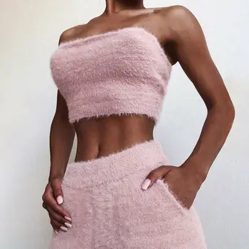 

Women Two Piece Set Tracksuit Strapless Tube Top Fluffy Faux Fur Crop Top Wide Leg Shorts Set Bodycon Slim Suit