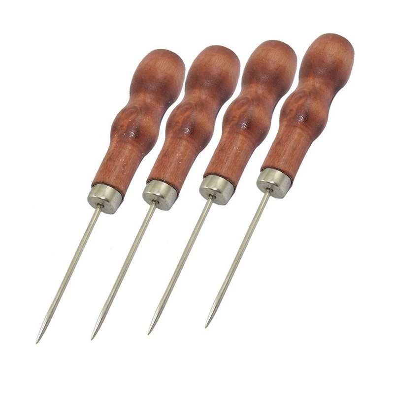 4 Pcs x Red Nonslip Wooden Handle Leather Canvas Sewing Awl Tool 4.9"