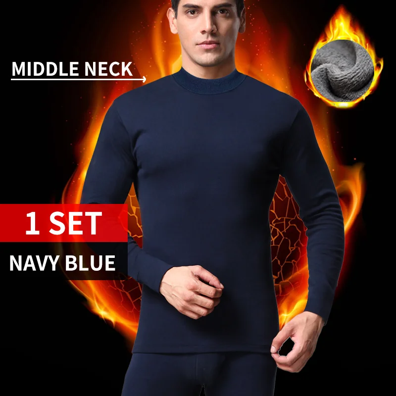 SeeBest, ультра толстое мужское термобелье, зимние рубашки, штаны, один комплект, костюм, одежда для мужчин, для снега, холодной погоды, размера плюс, 7XL, 6XL - Цвет: Middle Neck Navy