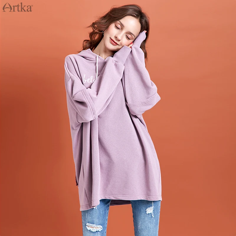 ARTKA Осень Новые женские толстовки модные балахоны с вышивкой длинные свободные повседневные пуловер с капюшоном свитер VA10897Q