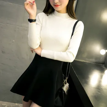 

Women Korean Style Casual Turtleneck Knit Pullover Sweater Female Autumn Winter New Slim Solid Color Sweater