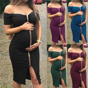 

bunvel Summer Maternity Dresses Shoulderless Slash Neck Pregnancy Clothes Solid Color Zipper Bodycon Pregnant Women Sundresses