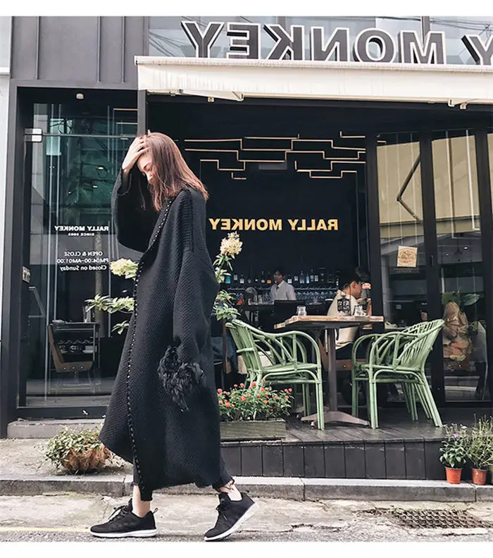 Твидовое шерстяное пальто для женщин большого размера с заклепками в стиле ретро длинный кардиган верхняя одежда модная зимняя свободная Черная куртка Feminino Casacos f1474