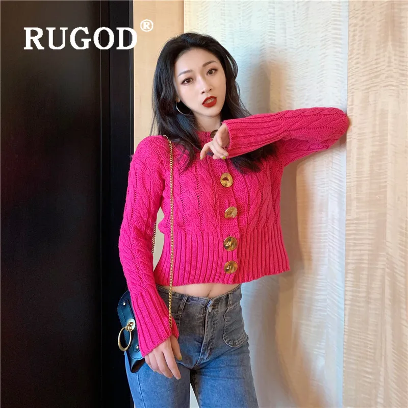 RUGOD, Осень-зима, стиль, шикарный, крученый узор, однотонный кардиган с большими пуговицами, однобортный свитер, одежда в стиле поп
