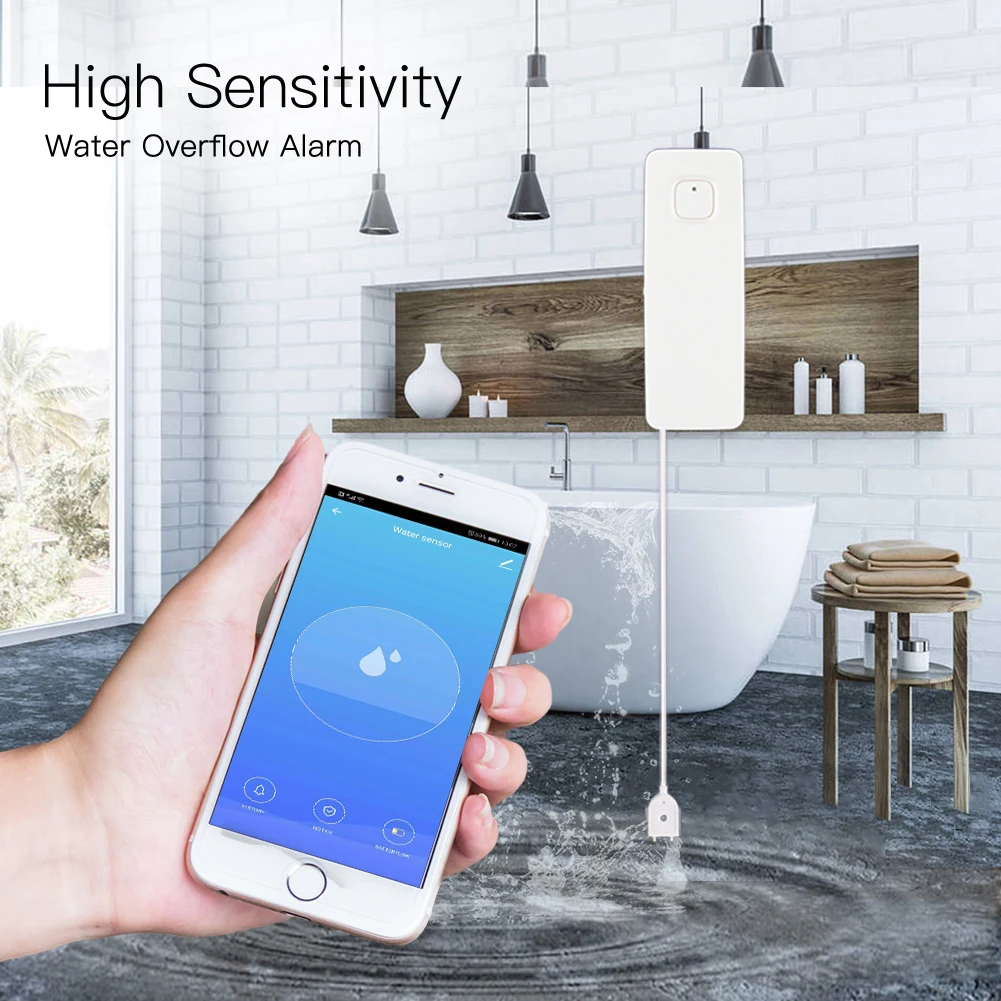 WiFi Smart Flood Sensor Water Leakage Detector Flood Overflow Alert Security Alarm System Tuya/Smart Life App Remote Control