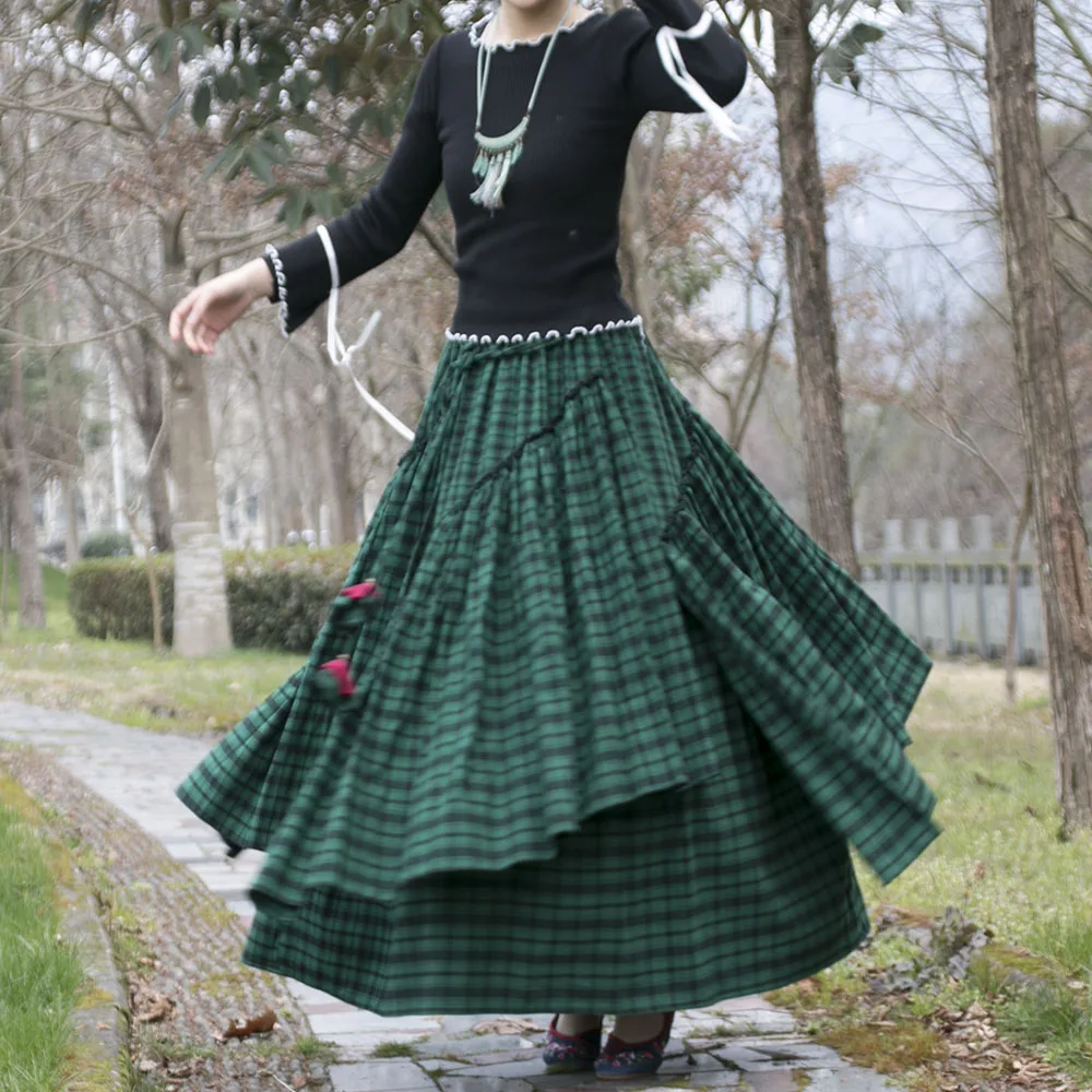 TIYIHAILEY Free Shipping New Long Maxi A-line Elastic Waist Women Winter Thick Plaid Chinese Style Cotton Irregular Skirt Green