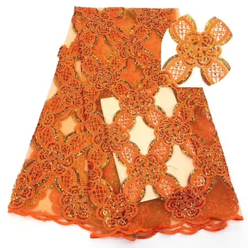 

NEW Beautiful Nigerian Lace Fabric Orange Sequins Embroidered French Tulle Lace Latest African Lace Fabric High quality lace