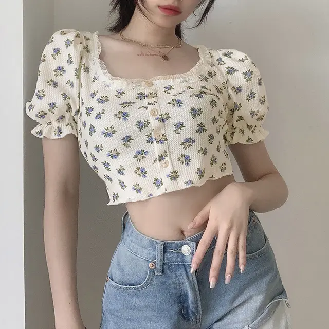 Summer T-shirt For Women Floral Print Sweet Cute Tops Short Puff Sleeve  Slim Bodycon T Shirts Korean Chic Crop Top - T-shirts - AliExpress
