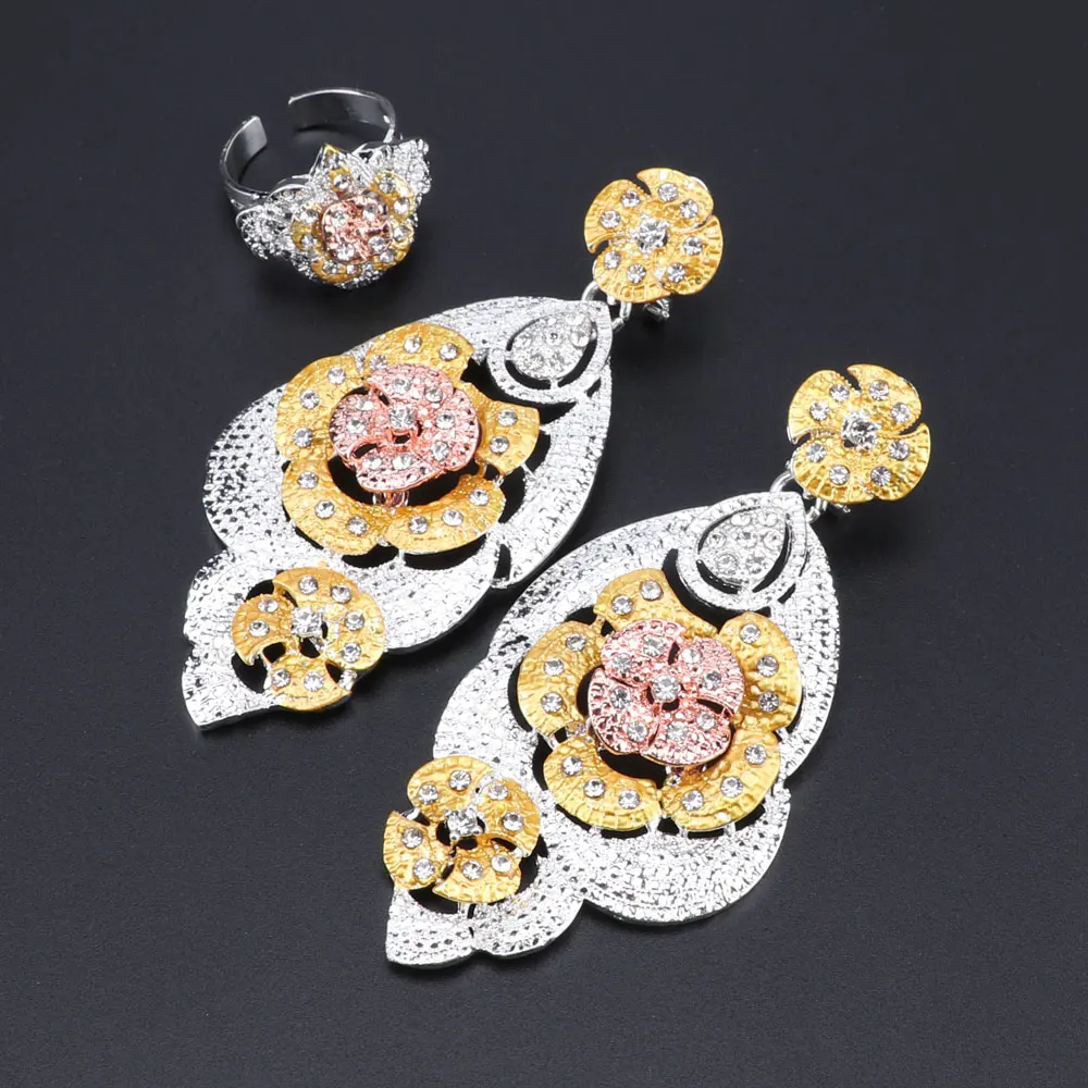 Модные Дубай позолоченные свадебные комплекты украшений для женщин Африканские ожерелье с кристаллом в форме цветка серьги, браслет, кольцо