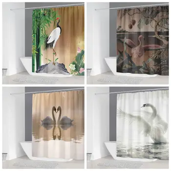

180*180 Bath Curtains National Protected Animal Red-crowned Crane Pattern Design Waterproof Bath Shower Curtain With 12 Hooks