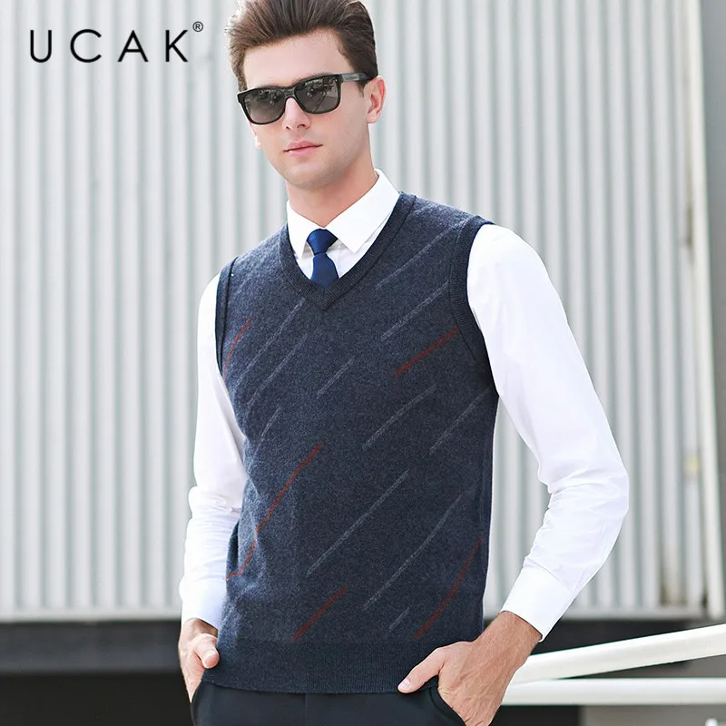 UCAK Brand Pure Merino Wool Sweater Vest 2019 New Arrival Casual Autumn Winter Pull Homme Streetwear 1 UCAK Brand Pure Merino Wool Sweater Vest 2019 New Arrival Casual Autumn Winter Pull Homme Streetwear 3