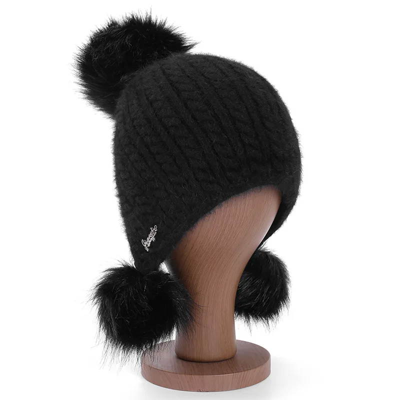 Шапка с кроличьим мехом, наушники, зимняя женская шапка, шапка для девочки, вязаные шапки, шапка, фирменная Новинка, толстая женская шапка - Цвет: Черный