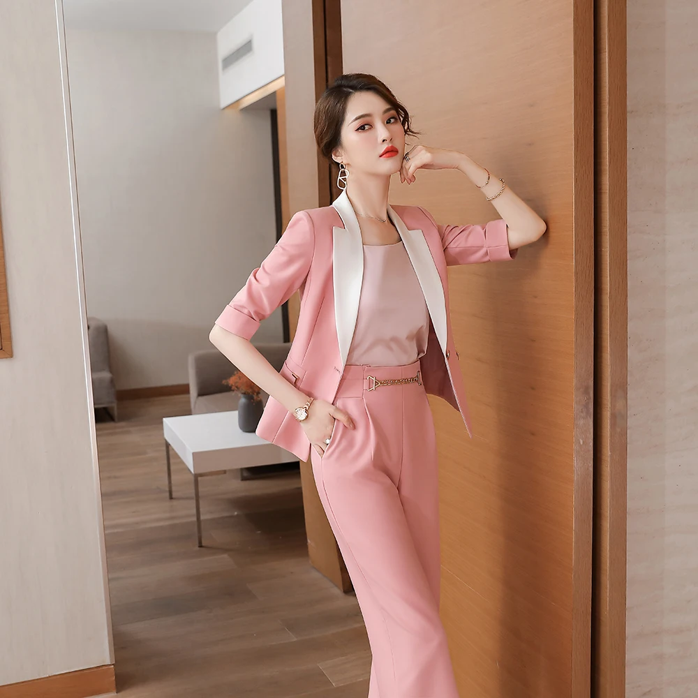 21春 夏の女性のパンツスーツピンク 黒 白ブレザー ズボン商務ジャケットのオフィスの女性2個セットプラスサイズs 5xl Aliexpress レディース衣服