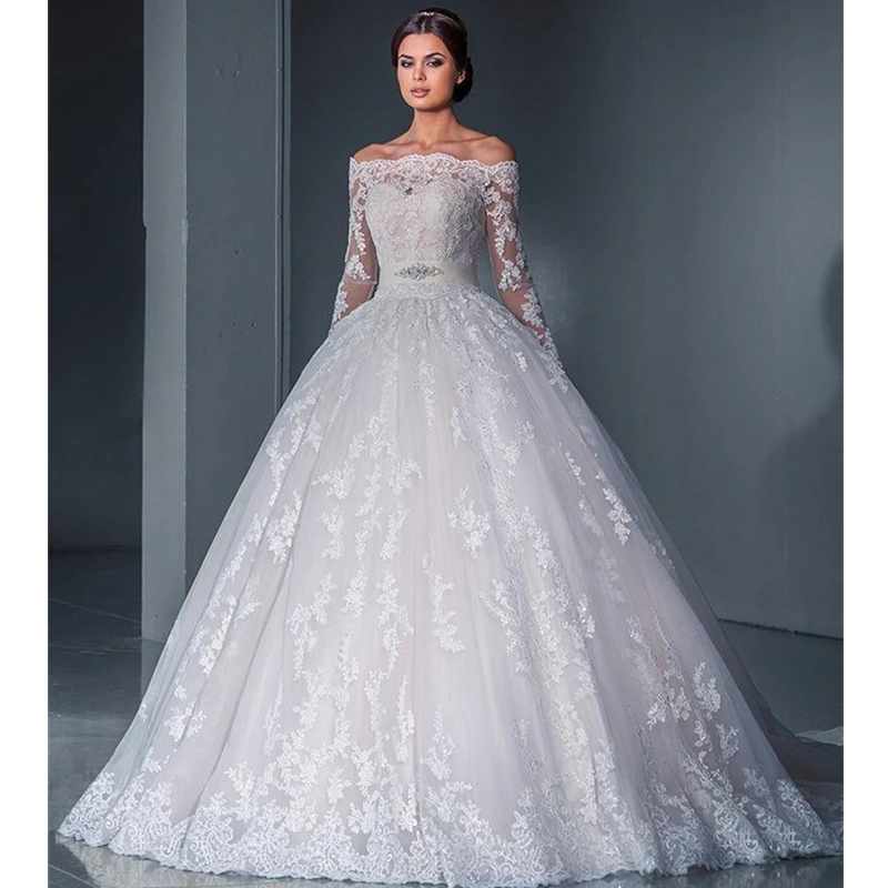 prom gowns Elegant Sweetheart Neck Wedding Dresses Lace Appliquéd Tulle Sheer Long Sleeve Bridal Floor Length vestidos elegantes para mujer beautiful prom dresses