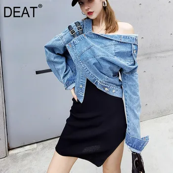 

DEAT 2020 Autumn asymmetrical collar full sleeves single breasted blue denim short jacket female high stret coat WN52305M