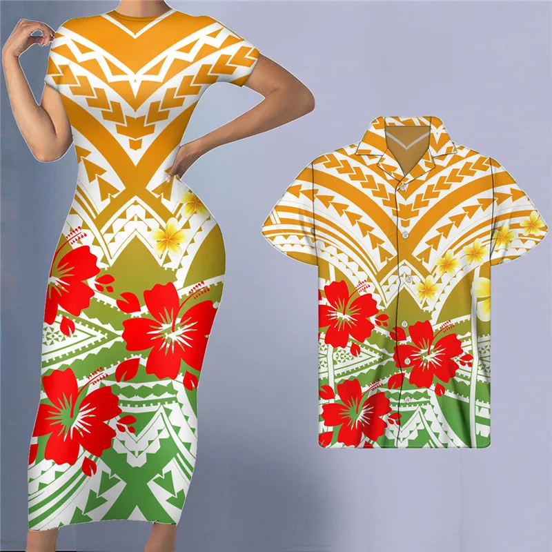 Noisydesigns Women's Floral Dresses With Shirt Couple Polynesian Hibiscus Prints Vestidos Ropa Mujer Bodycon Femme Christmas