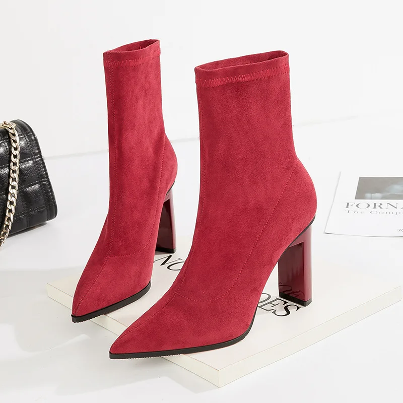 

7129-7 Suede Sexy Tube Boots Pointed Toe Europe And America Chunky-Heel Short Boots Slimming Versatile Nightclub 3 Days Boots