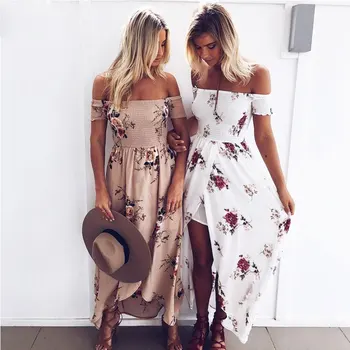 

Sexy floral strapless split beach dress fashion boho style slim off shoulder maxi sundress chiffon backless long dress vestidos