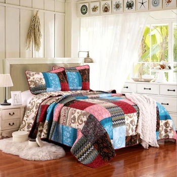 

1pc Bed cover+2pcs Pillowcase Color carpet puzzle Bedspread Hit color Bedding set Quilting Blanket cotton Pastoral style Quilt