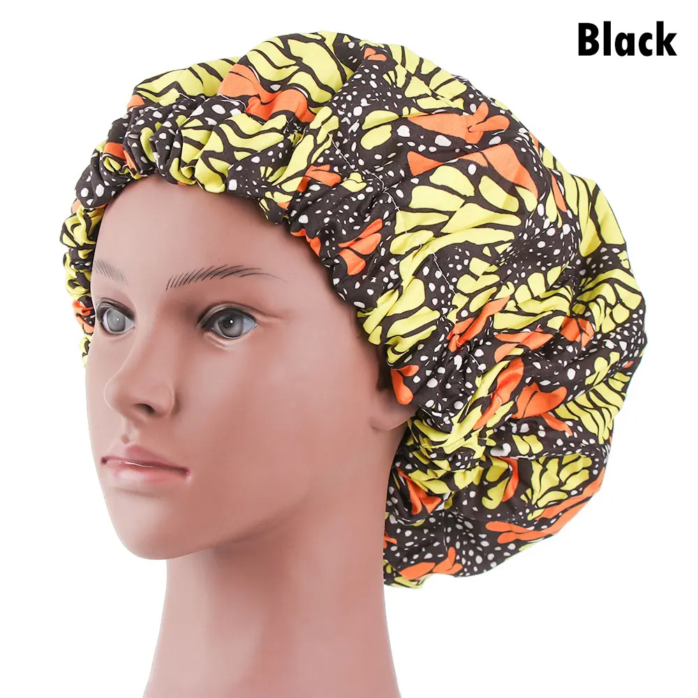 1 шт. женские атласные выстроились очень большие Bonnets Африканский узор ночная шапочка для сна принт ткань Волос Кепка дамы Анкара - Цвет: black