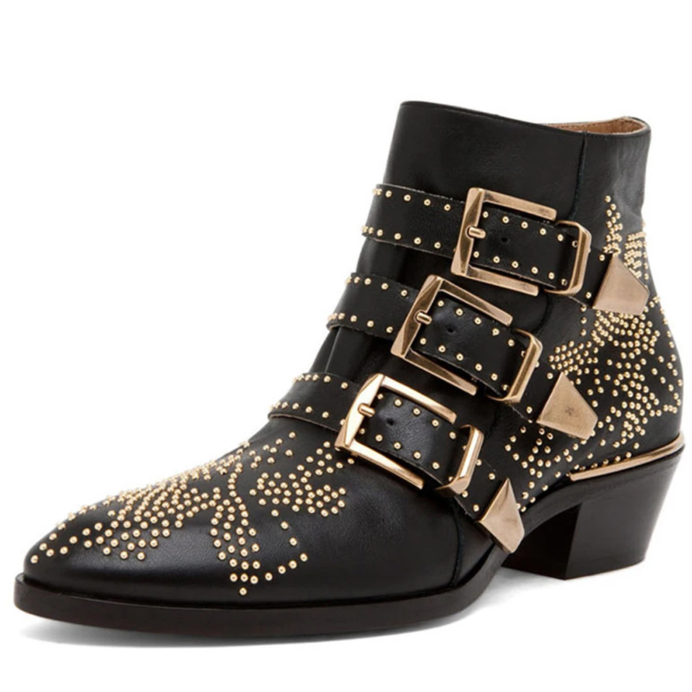 

LOVIRS Womens Genunie Leather Rivet Studded Real Leather Ankle Boots Black Round Toe Rivet Designer Boot Low Heel Booties