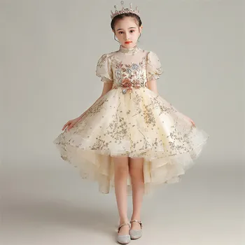 

Teens Girls Korean Sweet Florals Birthday Party Dress Kids Children Fashion Front Short Back Long Host Piano Communication Dress