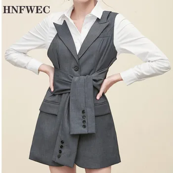 

2020 Autumn New koreaTurn-down Collar Long Sleeve White Cross Stitching Slim Blazer Dress U227