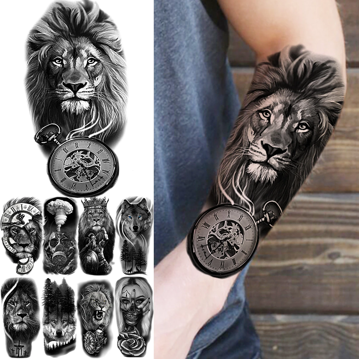 Tatouage Homme Lion Avant Bras Faux Tatouages Temporaires 3d Lion Boussole Pour Homme, Autocollant Lavable  Demi-manche, Masque Forêt Loup Guerrier - Temporaire Tatouages - AliExpress