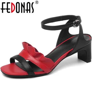 

FEDONAS Metal Buckle Cow Leather Sandals Square Heels Pumps Wedding Party Peep Toe Women Shoes Summer Spring Fashion Shoes Woman