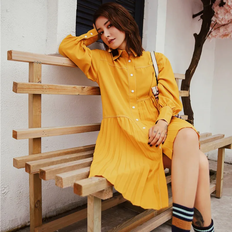 LANMREM Solid Color Lapel Long Sleeve Stitching Pleats Irregular Woman Dress Sweet Casual Simple Fashion Spring New TV539