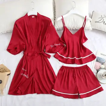 

Women's Summer Sexy Shorts Robe Three-Piece Set Simple Embroidered Nightgown Robe