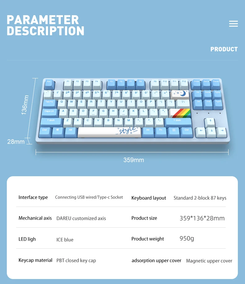 DAREU A87 100% Hot-Swap Type-C Wired 87-Key Backlit Mechanical Gaming Keyboard with Customized Programable Sky Switch