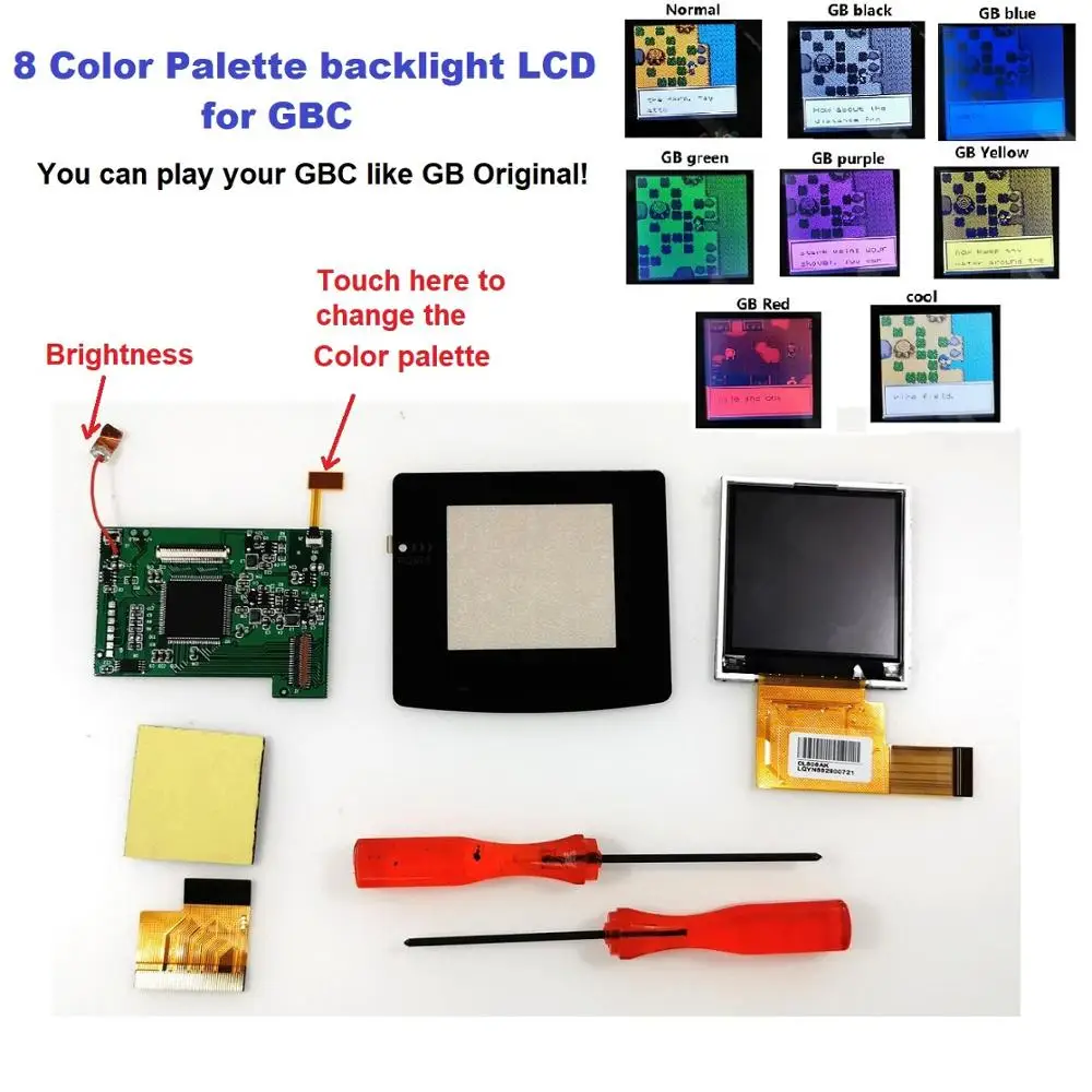 8 Color Palette High Light For GBC Backlight Back Light LCD Screen For GameBoy Color Console For GBC Console Glass screen