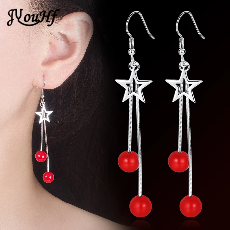 

JYouHF Korea Fashion Long Tassel Earrings for Women Simple Elegant 8mm Red Pearl Star Dangle Earring Female Jewelry Oorbellen