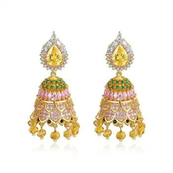 

1 Pair Retro Ethnic Indian Zircon Bell Beads Tassel Drop Dangle Earrings Jewelry R9JE