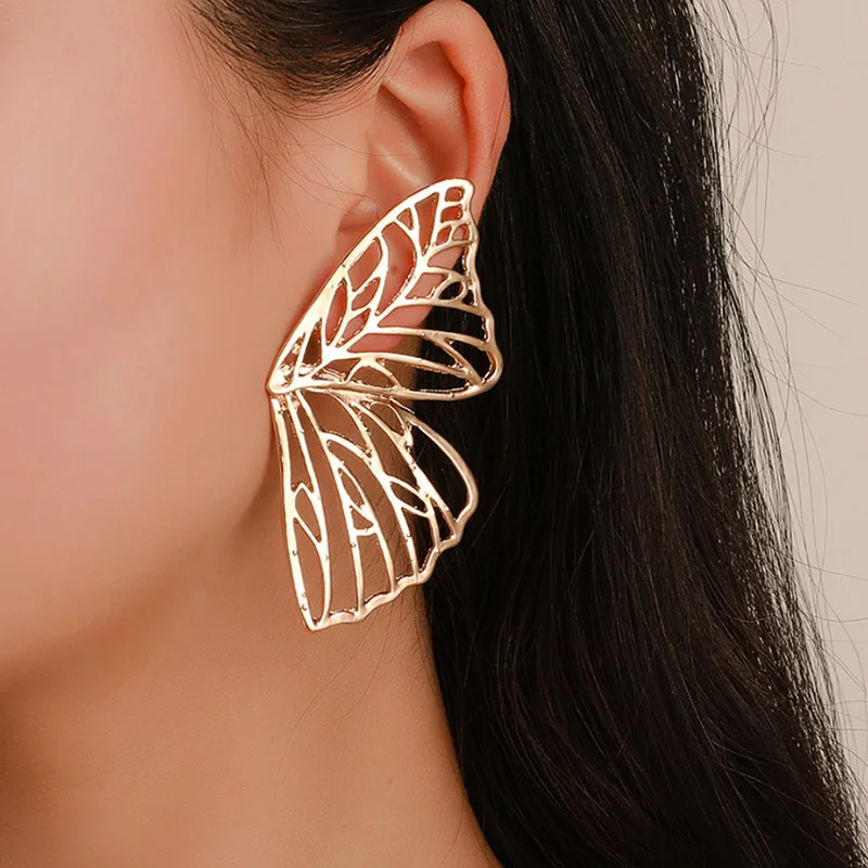 2019New Gold Silver Color Hollow Butterfly Earrings Elegant Big Fan Shaped Metal Women Stud Fashion Jewelry Accessories | Украшения и