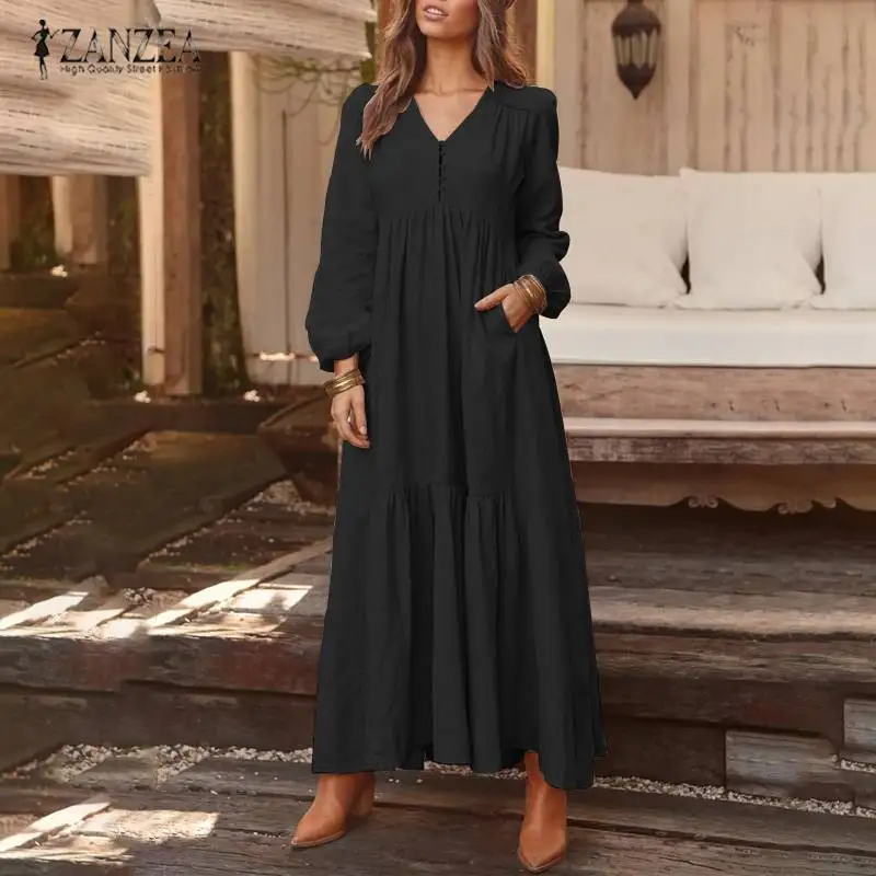 S-5XL ZANZEA, женское винтажное платье-рубашка с длинным рукавом, повседневные свободные вечерние платья, женское платье с v-образным вырезом, одноцветные плиссированные длинные платья макси