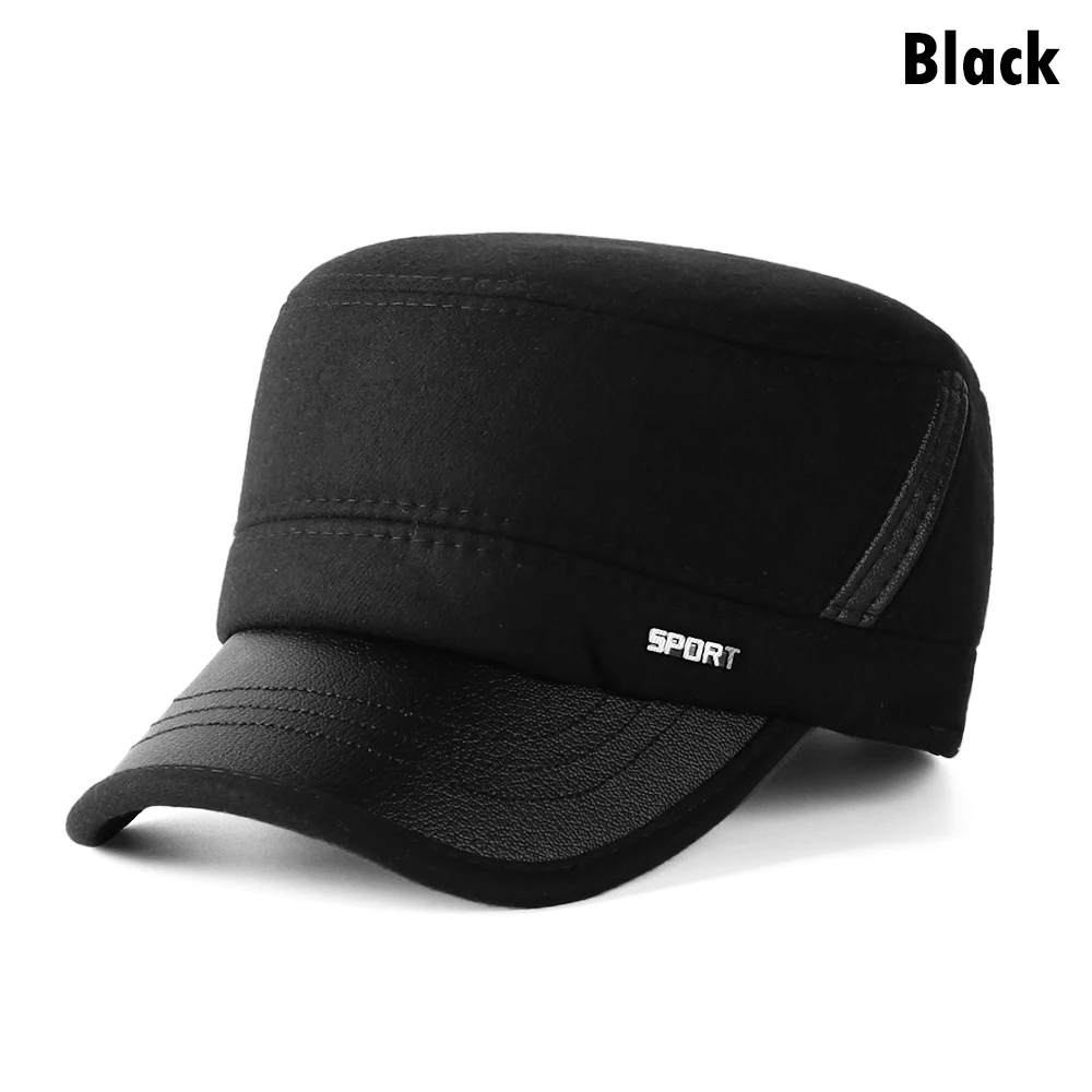 black Новинка, 1 шт., мужские шерстяные плотные плоские шапки, Мужская военная шапка с ушанками, Кадетская армейская шапка, Зимняя Теплая мужская шапка, подарки для папы - Цвет: black
