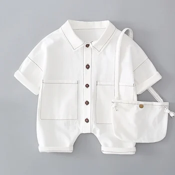 

New Baby Rompers with Bag Spring Summer Children Denim Solid Pattern Three Quarter Sleeve Jumpsuit Kids Clothes 2pcs