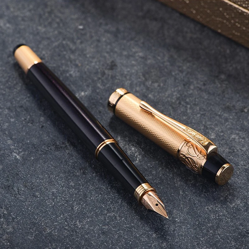 Hero 200B 14K Gold Collection Black Great Fountain Pen Golden Carved Cap Fine Nib 0.5mm For Office & Home With Gift Box