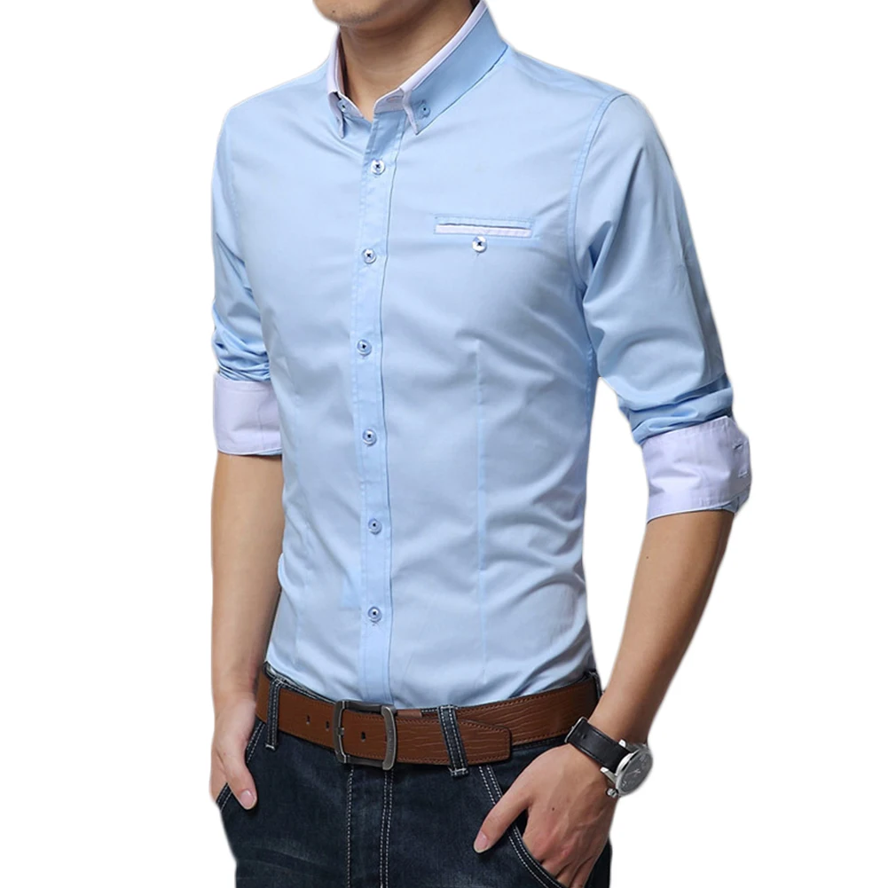 Мода Мужчины сплошной цвет с длинным рукавом отложным воротником Slimeed Встроенная офисная рубашка Топ