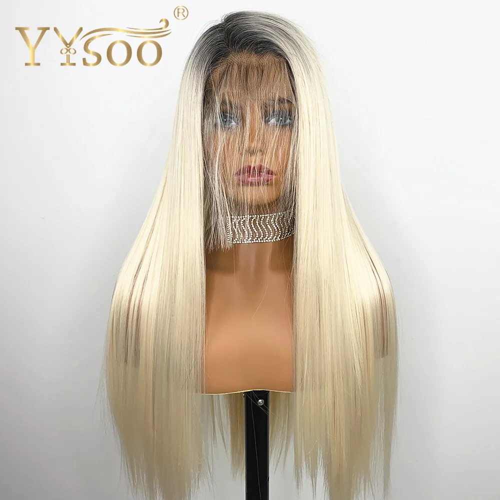 YYsoo 13x6 синтетические парики для чернокожих Для женщин длинные шелковые прямые Синтетические волосы на кружеве парик с эффектом деграде(переход от темного к половину Руки Связали Парик темные корни#60