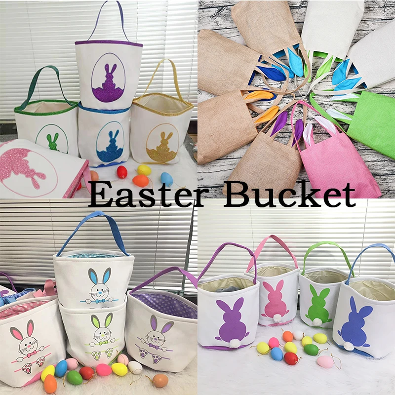 1pcs New Cute Easter Bunny Basket Monogram Canvas Buckets Egg Candy