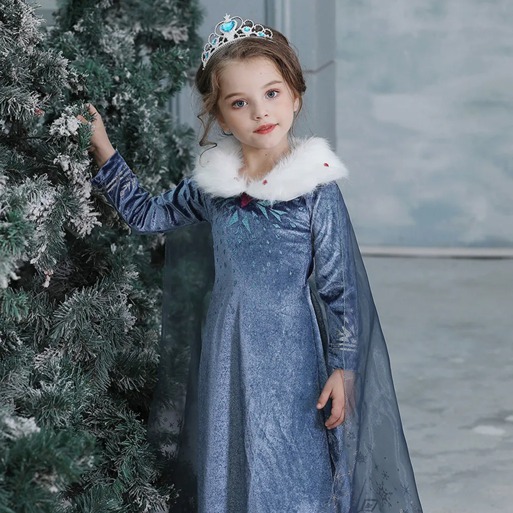 Милое платье для маленьких девочек вечерние платья на Рождество с принтом снежинок красивое платье принцессы с меховым воротником для ролевых игр