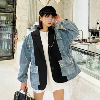 

SONDR Primavera 2020! Chaqueta De Retazos Vaquera CHICEVER Para Mujer Con Cuello Entallado Y Manga Larga Túnica Fruncida