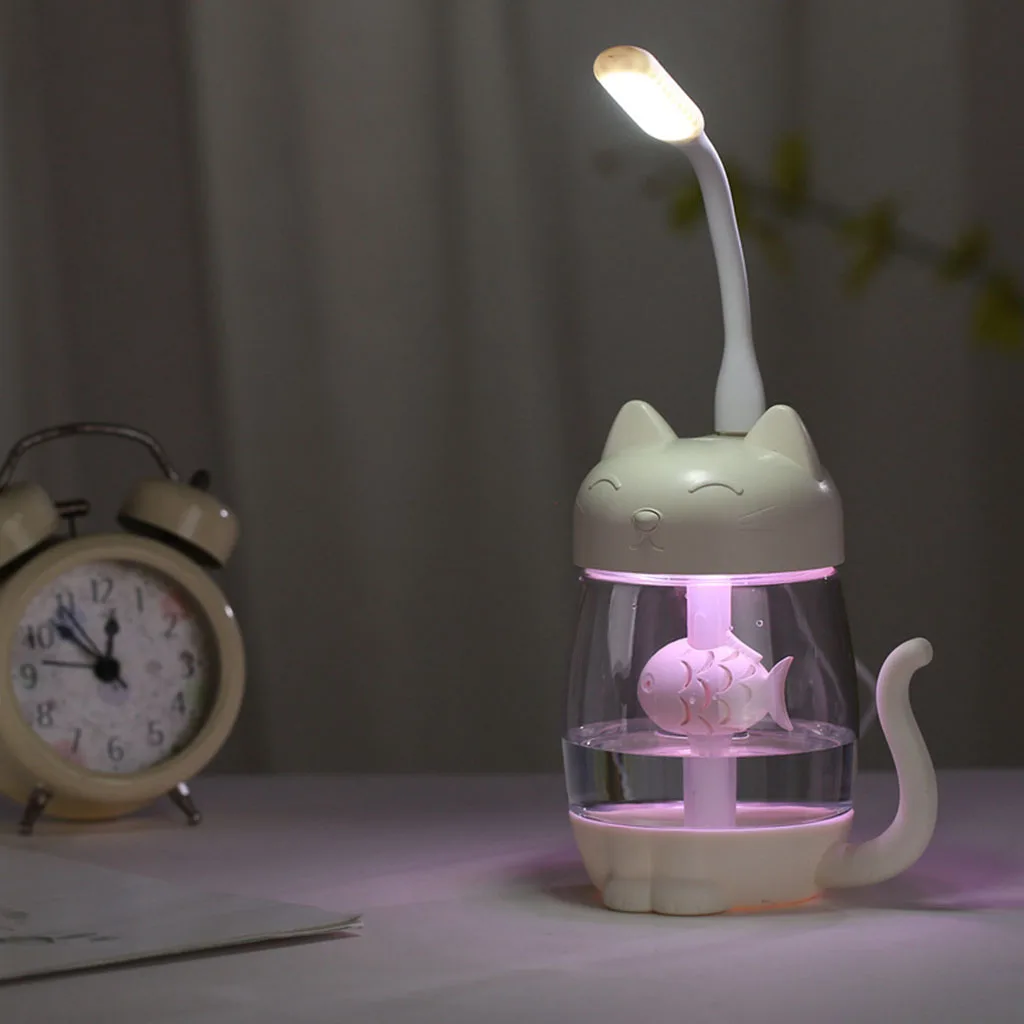 3 In 1 Portable Cute Cat Air Humidifier  Maker, LED Lamp Ninght Lamp, USB Fan for Desk Travel Office Car Bedroom
