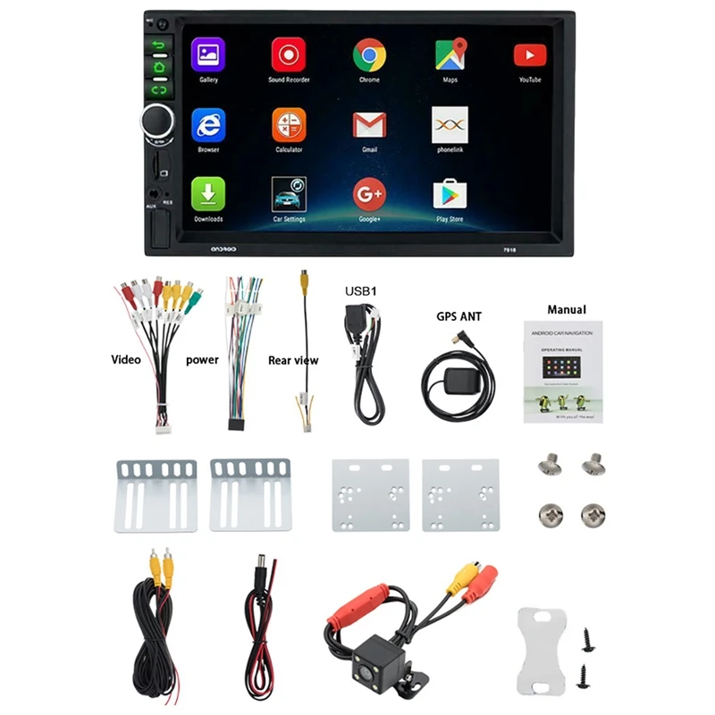  Android 8.1 Car Stereo GPS Navi MP5 Player Double 2Din WiFi 7 Inch Quad Core BT with 4LED Cam