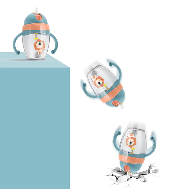 320ml Baby Straw Cup with Handl Cartoon Animal Baby Drinking Feeding Bottle Cup With Shoulder Strap for kindergarten baby 6month