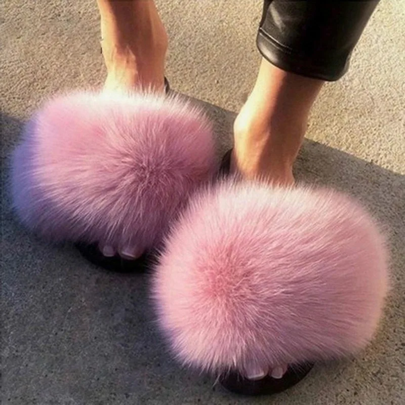 Zapatillas de piel sintética con pelo esponjoso para mujer, zapatos planos para interior y exterior, sandalias informales, envío directo